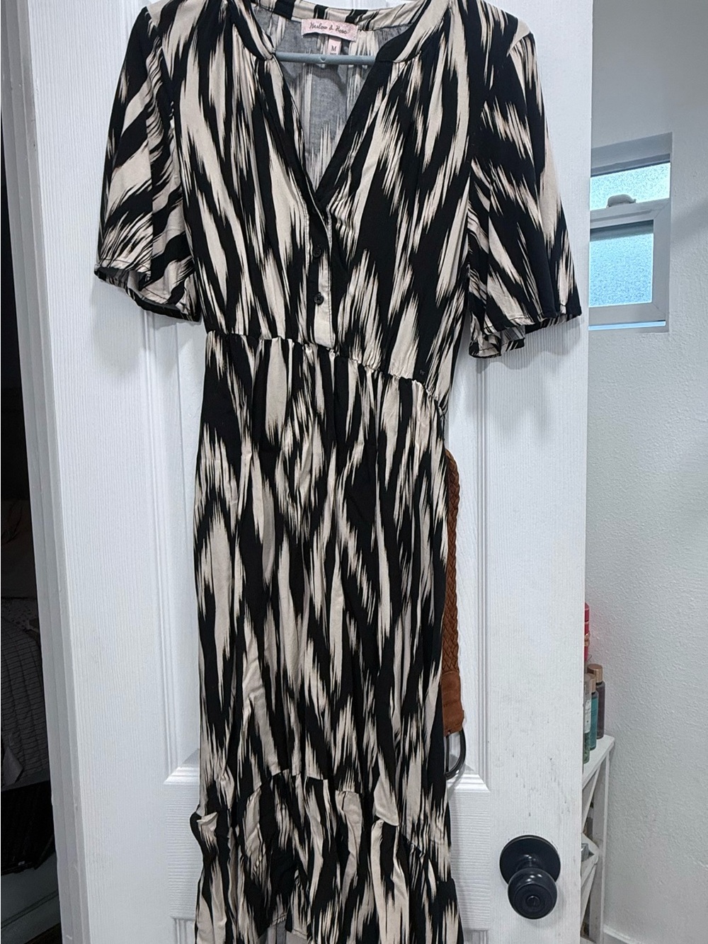 Black & Cream Printed Maxi Dress with V-Neck